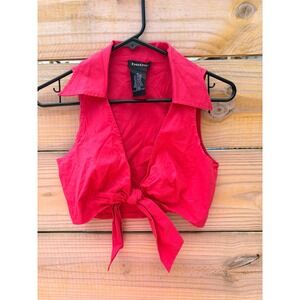 Bebe Red Tie Front Crop Top Sleeveless Collared V-Neck Cotton Blend Size M